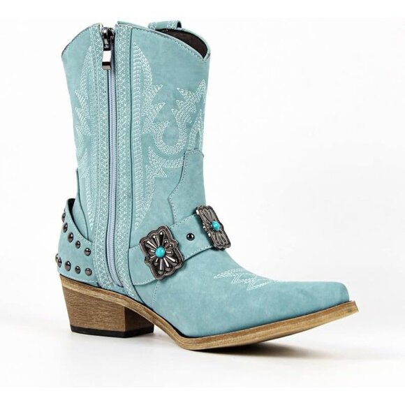 Women's Light Green Embroidery Pointed Toe Rodeo Western Ankle High Heel Boot - Picture 4 of 6